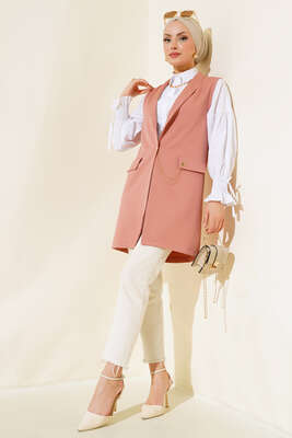 Önü Düğmeli Yelek Gül Kurusu - Thumbnail