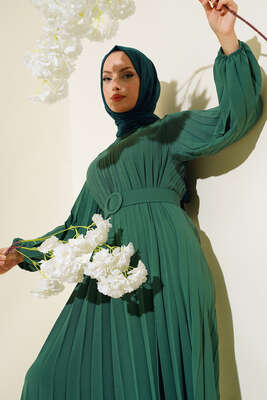 Piliseli Kemerli Ayrobin Elbise Pers Yeşili - Thumbnail