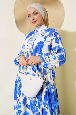 Desenli Yarı Patlı Elbise Saks - Thumbnail