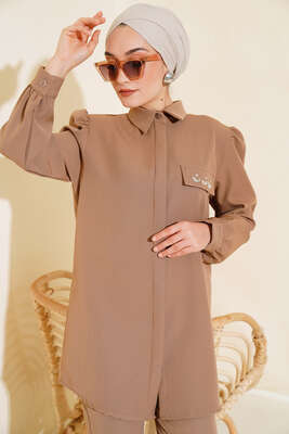 Pazarium - Cep Kapak Taş Detaylı İkili Takım Vizon