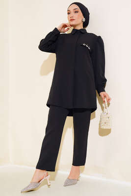 Pazarium - Cep Kapak Taş Detaylı İkili Takım Siyah