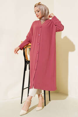 Düğmeli Uzun Salaş Hırka Gül Kurusu - Thumbnail