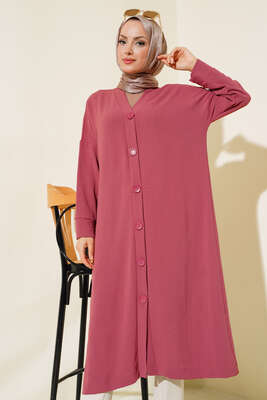 Düğmeli Uzun Salaş Hırka Gül Kurusu - Thumbnail