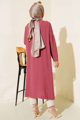 Düğmeli Uzun Salaş Hırka Gül Kurusu - Thumbnail