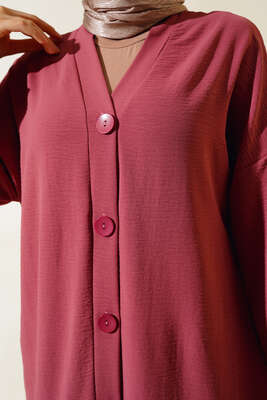 Düğmeli Uzun Salaş Hırka Gül Kurusu - Thumbnail