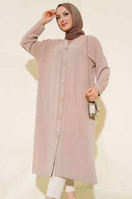 Düğmeli Uzun Salaş Hırka Bej - Thumbnail