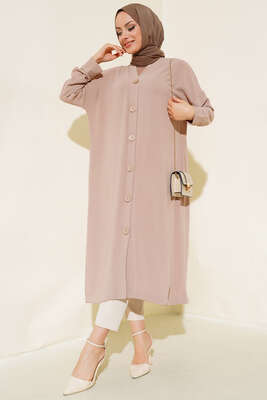 Düğmeli Uzun Salaş Hırka Bej - Thumbnail