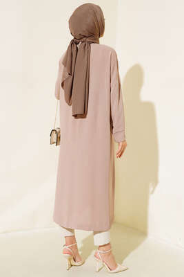 Düğmeli Uzun Salaş Hırka Bej - Thumbnail