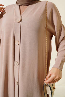 Düğmeli Uzun Salaş Hırka Bej - Thumbnail