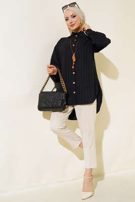 Pazarium - Tahta Düğmeli Çizgili Gömlek Siyah