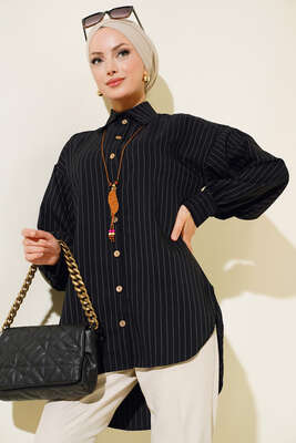 Tahta Düğmeli Çizgili Gömlek Siyah - Thumbnail