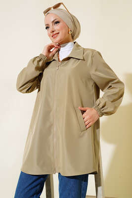 Boydan Fermuarlı Ceket Vizon - Thumbnail