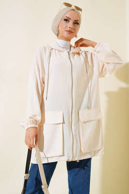 Çift Cepli Fermuarlı Hırka Bej - Thumbnail