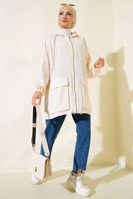 Çift Cepli Fermuarlı Hırka Bej - Thumbnail