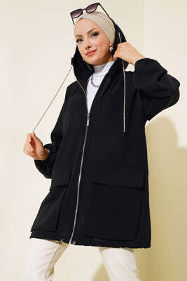 Çift Cepli Fermuarlı Hırka Siyah - Thumbnail