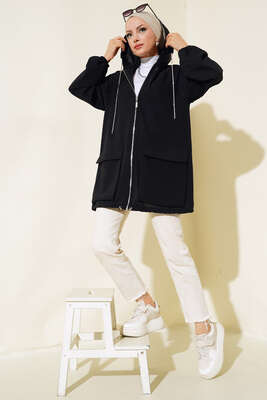 Çift Cepli Fermuarlı Hırka Siyah - Thumbnail