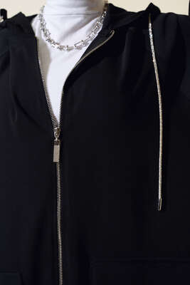 Çift Cepli Fermuarlı Hırka Siyah - Thumbnail