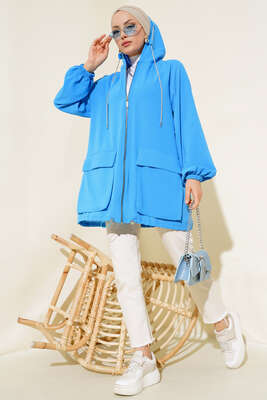 Çift Cepli Fermuarlı Hırka İndigo - Thumbnail