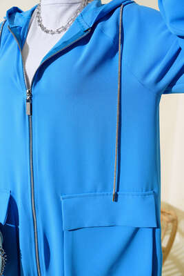 Çift Cepli Fermuarlı Hırka İndigo - Thumbnail