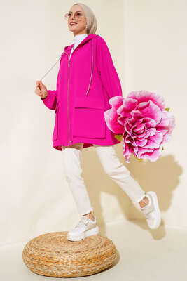 Çift Cepli Fermuarlı Hırka Fuşya - Thumbnail