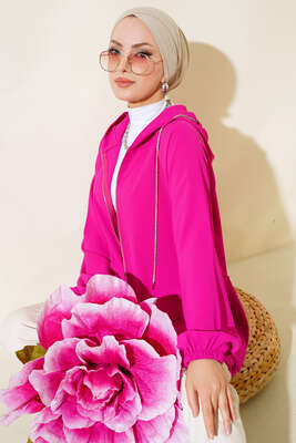 Çift Cepli Fermuarlı Hırka Fuşya - Thumbnail