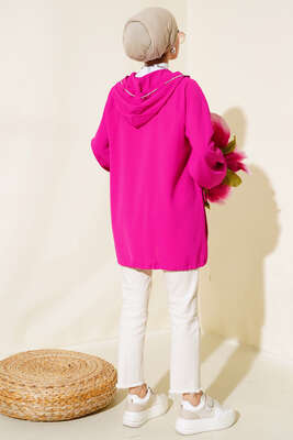 Çift Cepli Fermuarlı Hırka Fuşya - Thumbnail