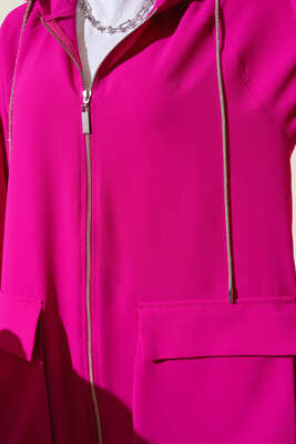 Çift Cepli Fermuarlı Hırka Fuşya - Thumbnail