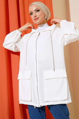 Çift Cepli Fermuarlı Hırka Ekru - Thumbnail