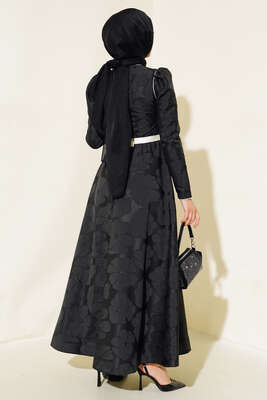 Çiçek Kabartma Desenli Elbise Siyah - Thumbnail