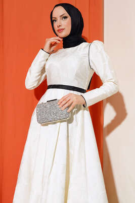 Çiçek Kabartma Desenli Elbise Ekru - Thumbnail