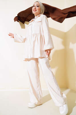 Fermuarlı Tunik İkili Takım Bej - Thumbnail