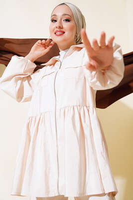 Fermuarlı Tunik İkili Takım Bej - Thumbnail