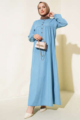 Yarım Düğmeli Kot Elbise Mavi - Thumbnail