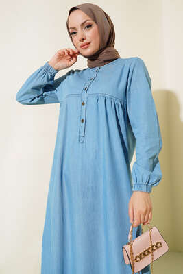 Yarım Düğmeli Kot Elbise Mavi - Thumbnail