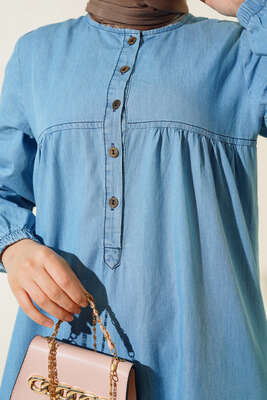 Yarım Düğmeli Kot Elbise Mavi - Thumbnail