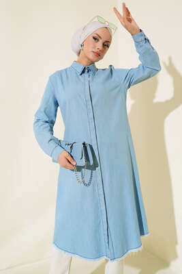 Püsküllü Kot Tunik Kot Buz Mavisi - Thumbnail