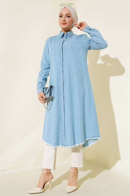 Püsküllü Kot Tunik Kot Buz Mavisi - Thumbnail