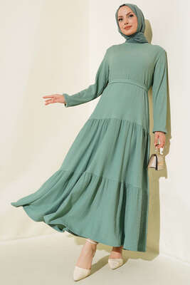 Pazarium - Kat Kat Bürümcük Kuşaklı Elbise Çağla Yeşili