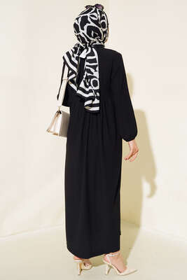 Kol Lastikli Bürümcük Elbise Siyah - Thumbnail