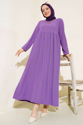 Kol Lastikli Bürümcük Elbise Lila - Thumbnail