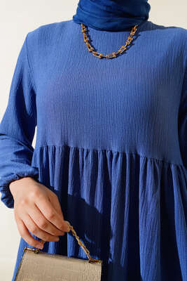 Kol Lastikli Bürümcük Elbise İndigo - Thumbnail