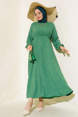 Bel ve Kol Lastikli Keten Elbise Yeşil - Thumbnail