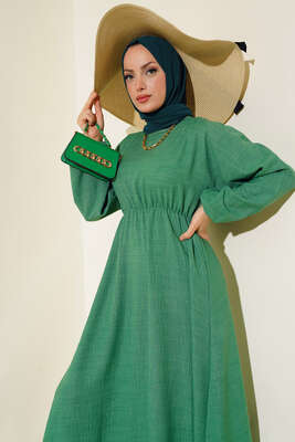 Bel ve Kol Lastikli Keten Elbise Yeşil - Thumbnail