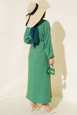 Bel ve Kol Lastikli Keten Elbise Yeşil - Thumbnail