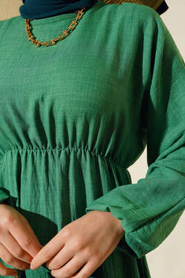 Bel ve Kol Lastikli Keten Elbise Yeşil - Thumbnail