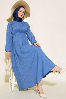 Bel ve Kol Lastikli Keten Elbise Mavi - Thumbnail