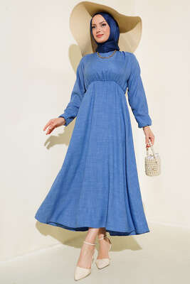 Bel ve Kol Lastikli Keten Elbise Mavi - Thumbnail