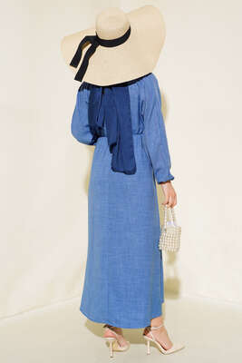 Bel ve Kol Lastikli Keten Elbise Mavi - Thumbnail