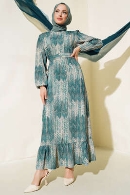 Desenli Viscon Elbise Zümrüt Yeşili - Thumbnail