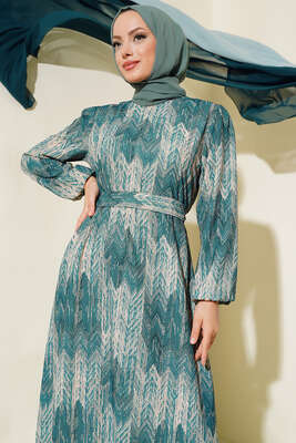 Desenli Viscon Elbise Zümrüt Yeşili - Thumbnail